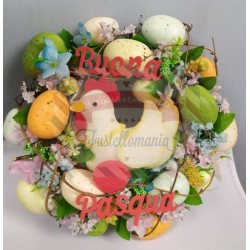 Ghirlanda fuoriporta con uova colorate gallina e fiori di pesco